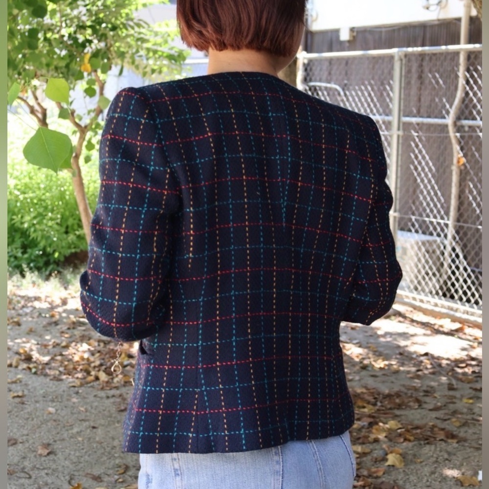 VTG Jones New York Navy Plaid Double Breasted Blazer 12 Cropped Preppy Y2K 90s - Picture 3 of 11
